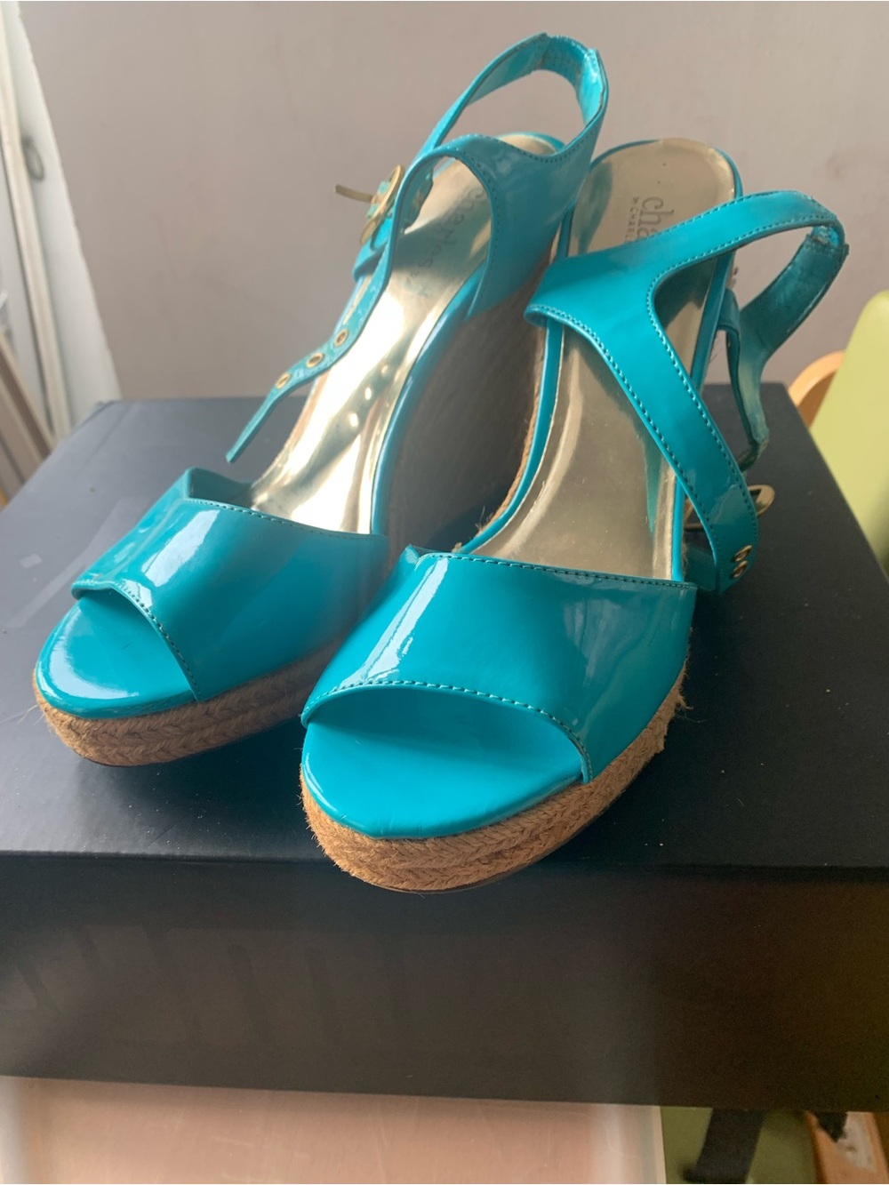 Charles by Charles David Teal Patent Espadrille Wedge Sandals, size 8 1/2 B